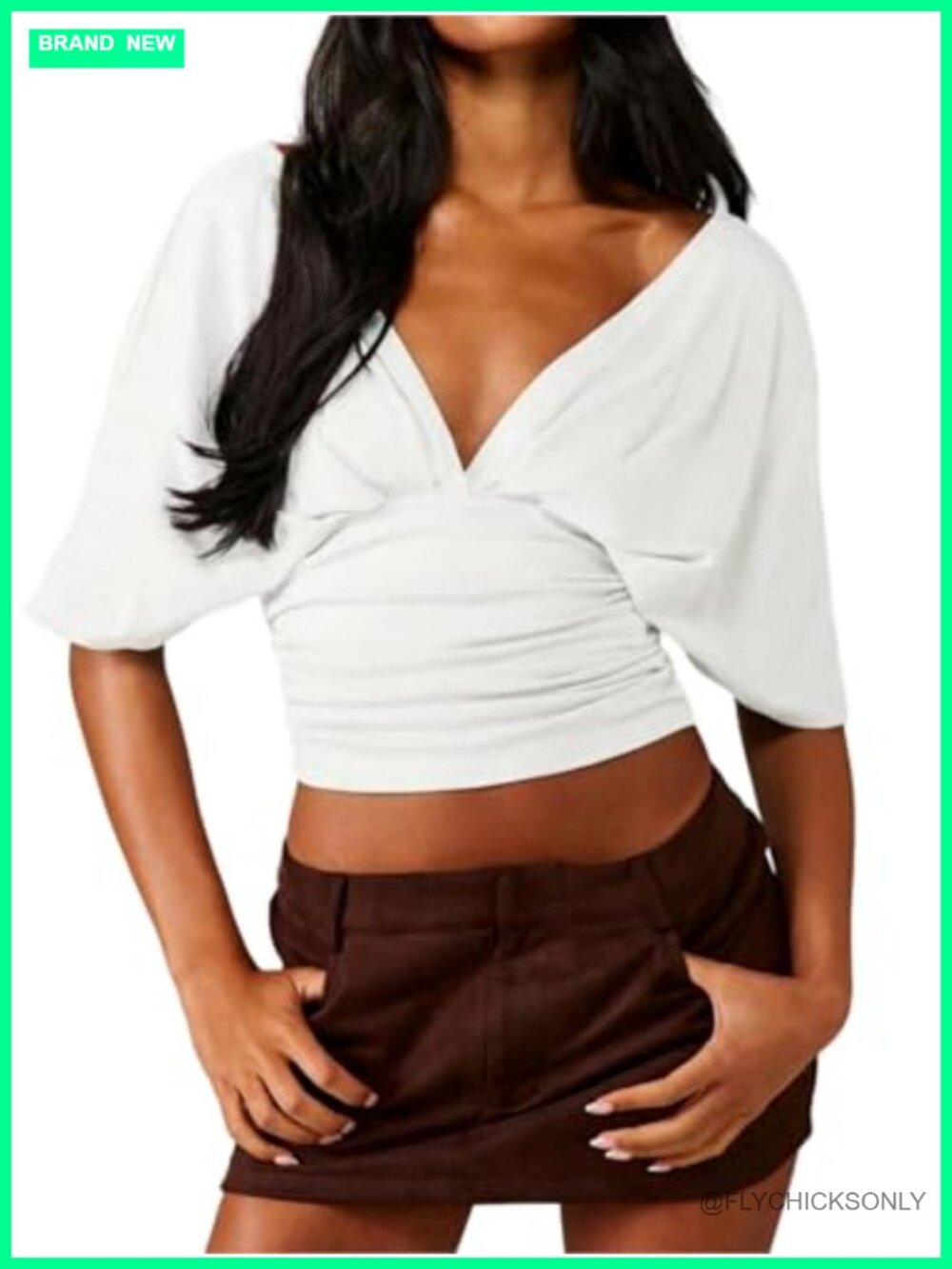 Women's Y2K Short Sleeve Deep V Neck Ruched Crop Top Blouse